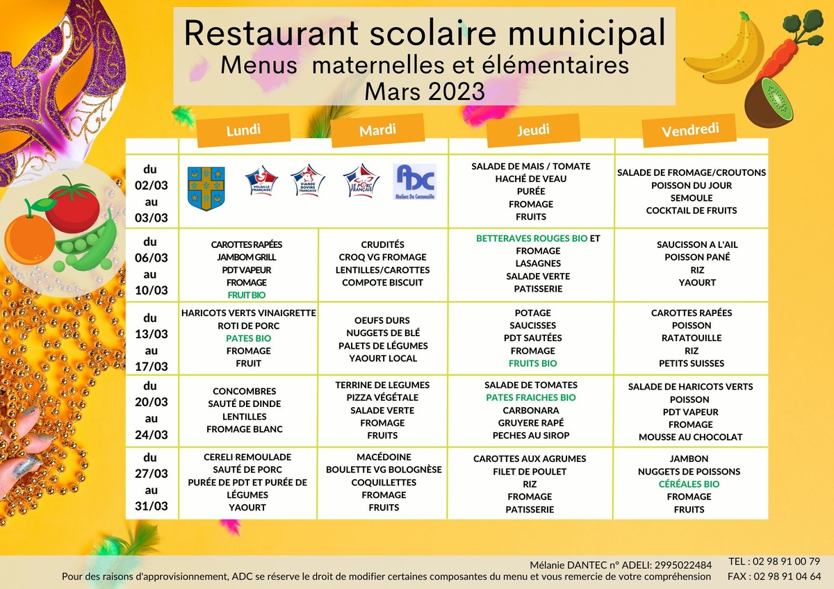 News Ecole menu de la cantine Mars 2023 Mairie de Clohars